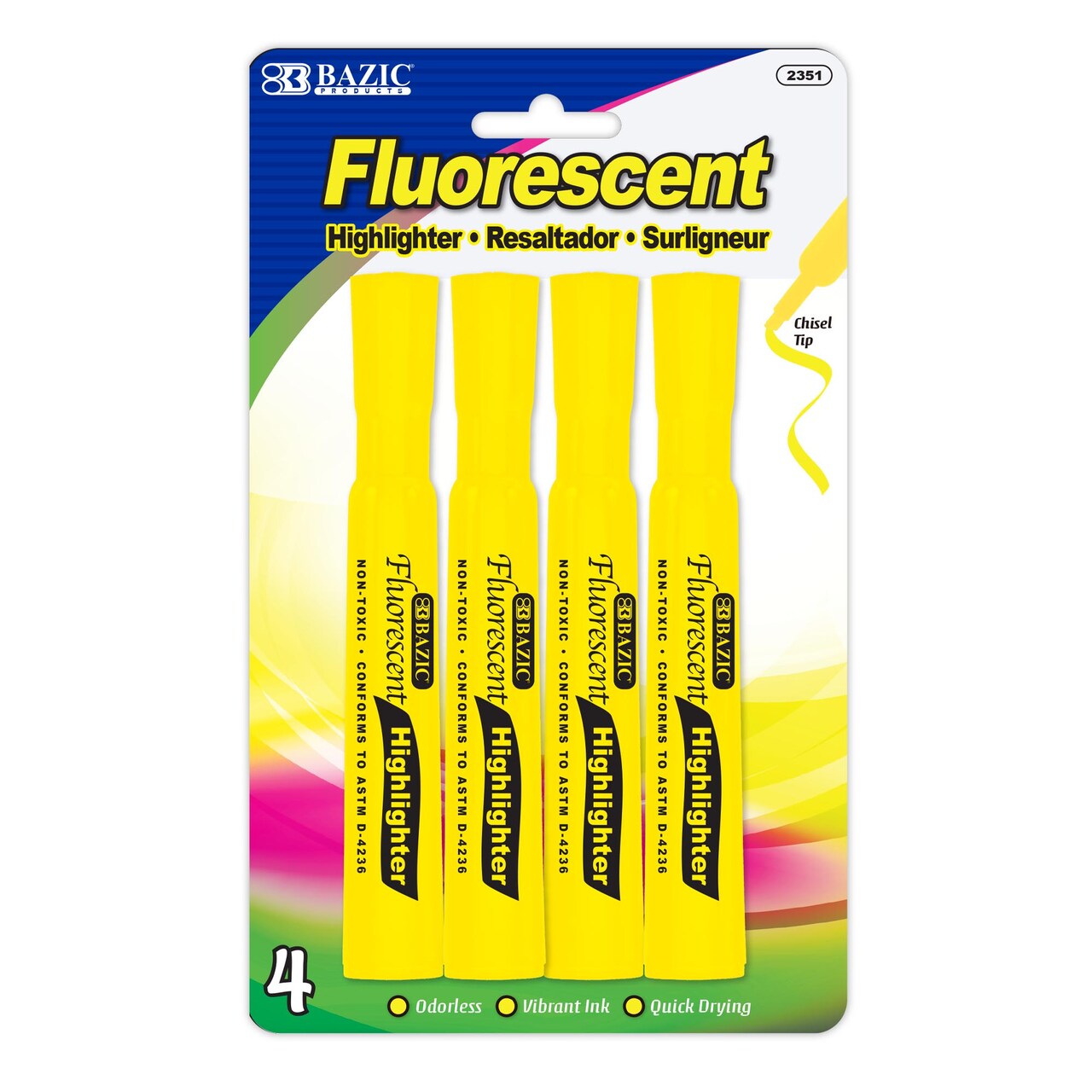BAZIC Desk Style Fluorescent Highlighters Yellow (4/Pack)